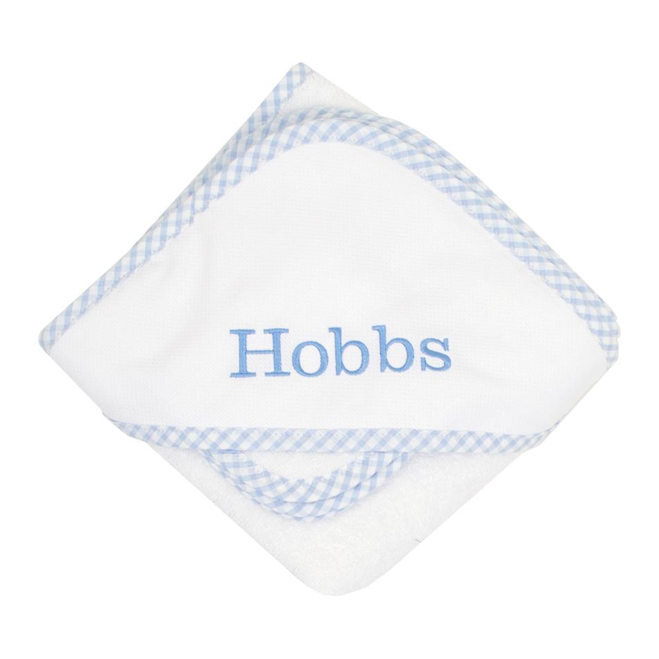 A white hooded towel trimmed with a blue gingham pattern from 3 Marthas, showcasing personalization with the name 'Hobbs'. Part of the adorable 3 Marthas Check Boxed Hooded Towel Set in Blue, White, and Pink. 3-marthas, cf-size-white.