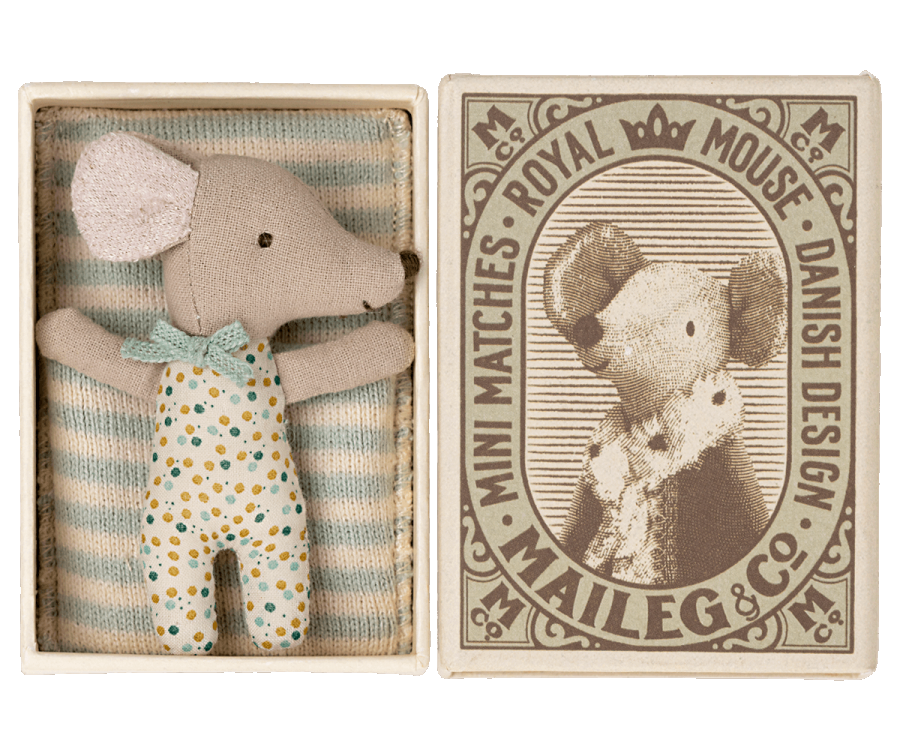 Sleepy/wakey baby mouse in matchbox - Blue