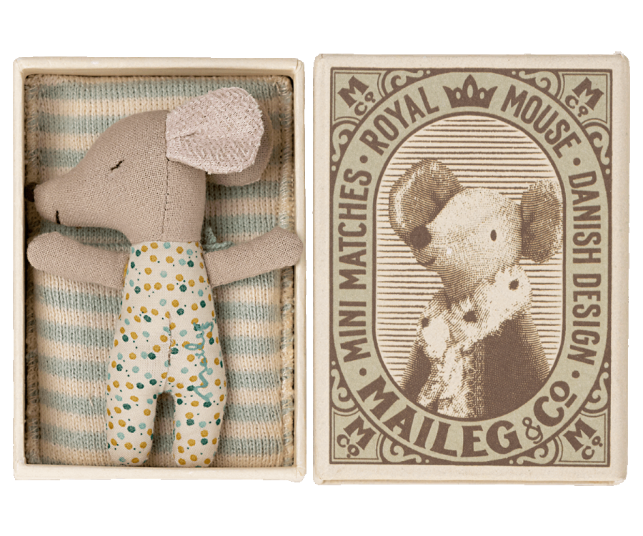 Sleepy/wakey baby mouse in matchbox - Blue